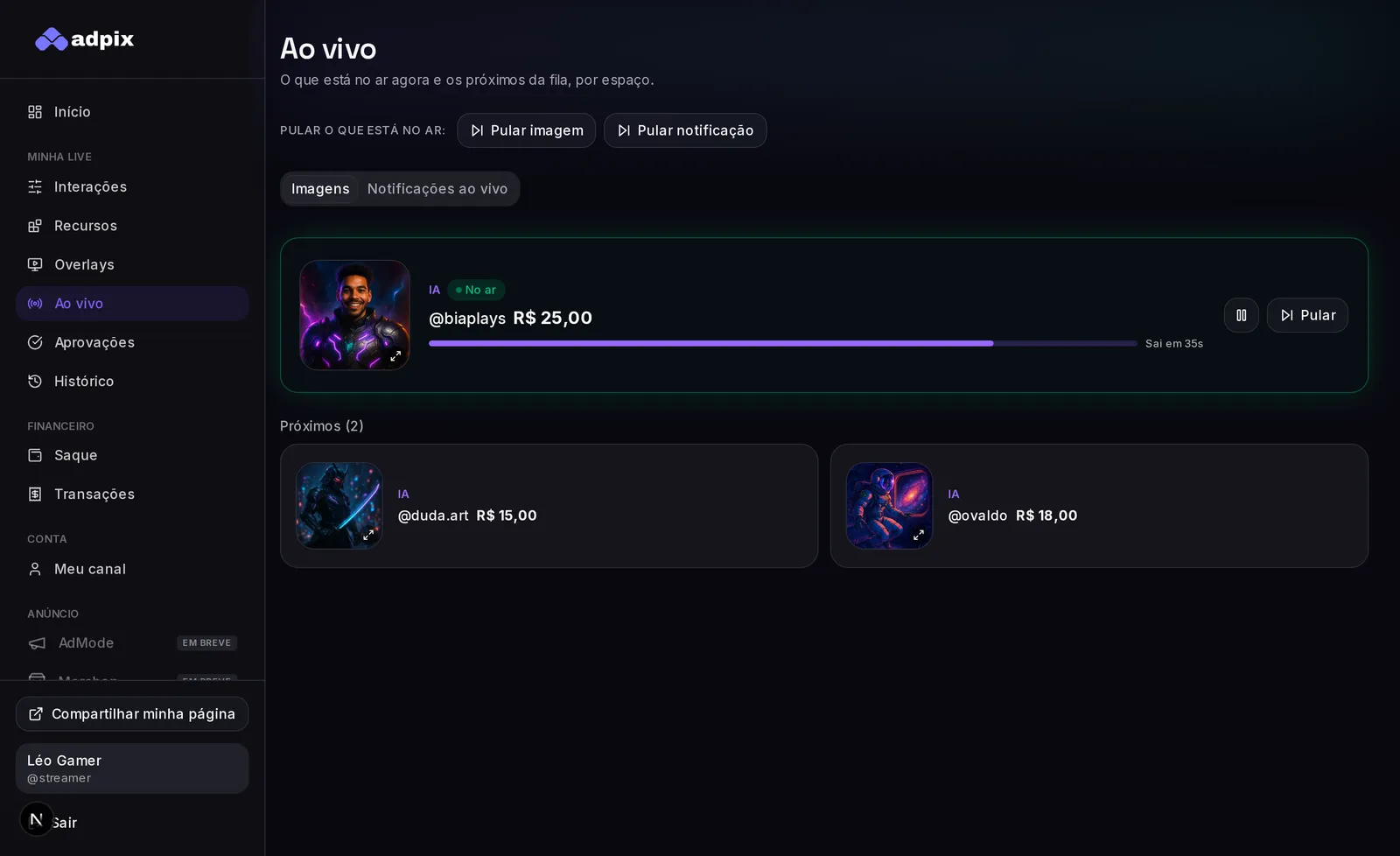 Painel Ao vivo, em tempo real
