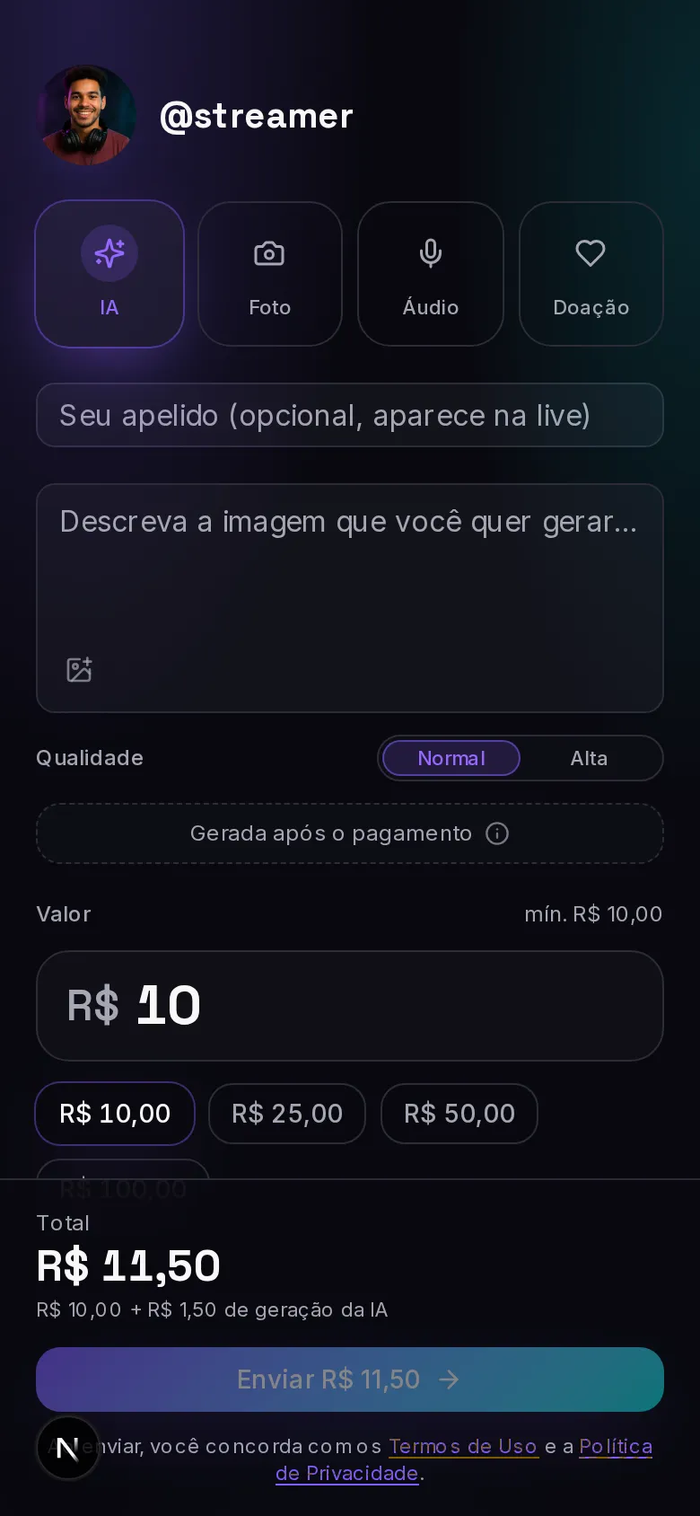 Página do AdPix vista pelo fã: escolher modo, valor e pagar por PIX